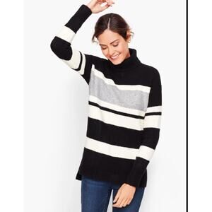 Women's Large Petite Talbots Fireside Stripe TurtleNeck Sweater Black White Grey